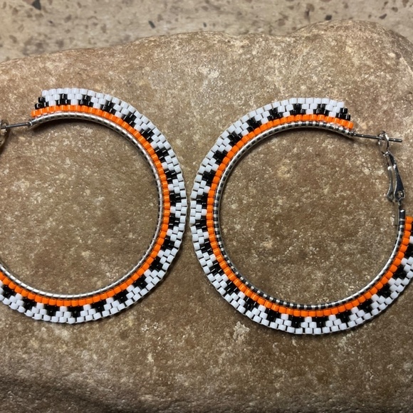 Orange Navajo Basket Style 1 3/4” Beaded Hoops, New, Handmade by Me - Picture 7 of 7